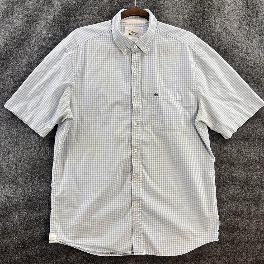 Lacoste Shirt Mens 42 L Blue White Check Short Sleeve Button Down Cotton Casual